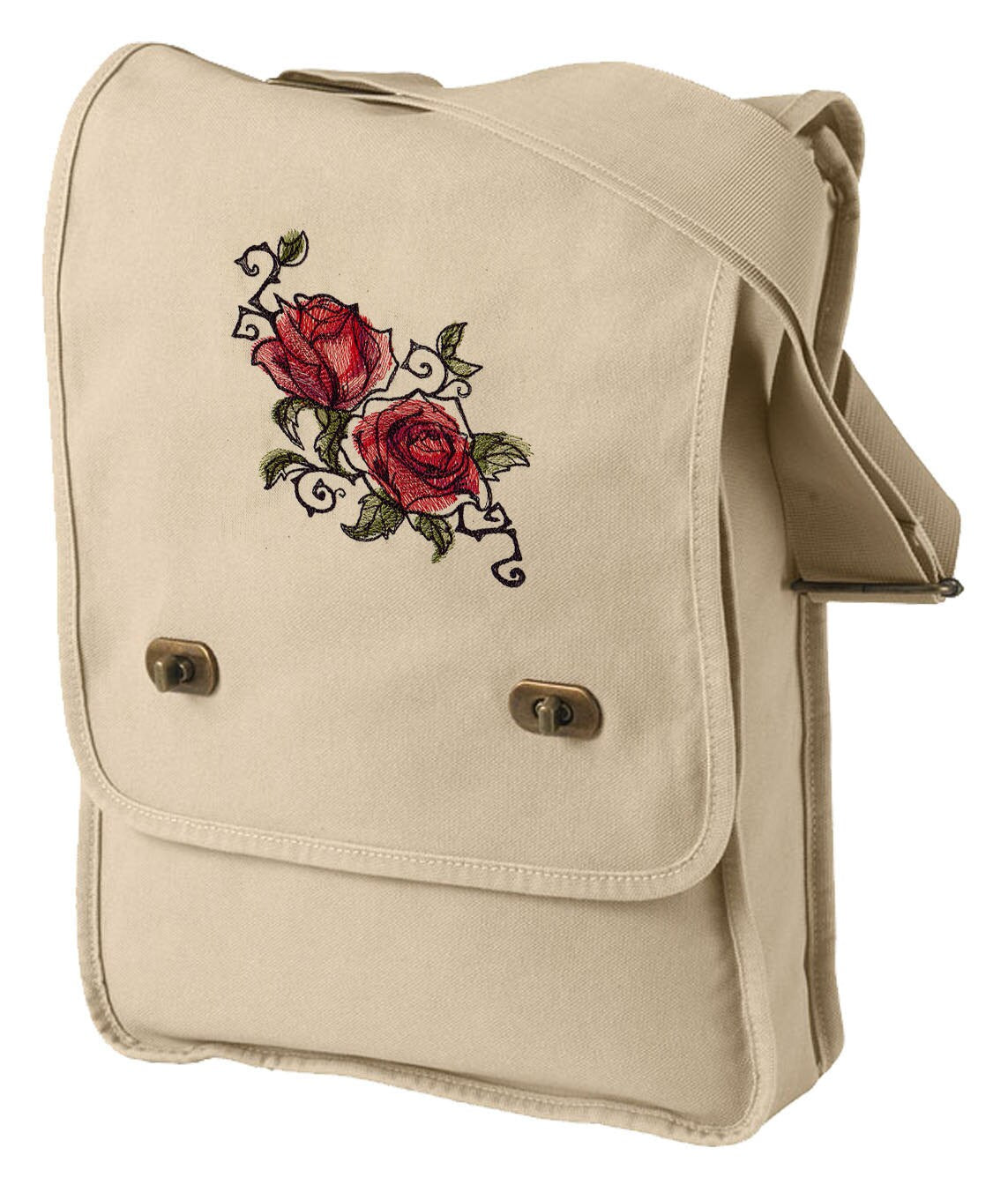 Painted Rose Embroidered Canvas Field Bag