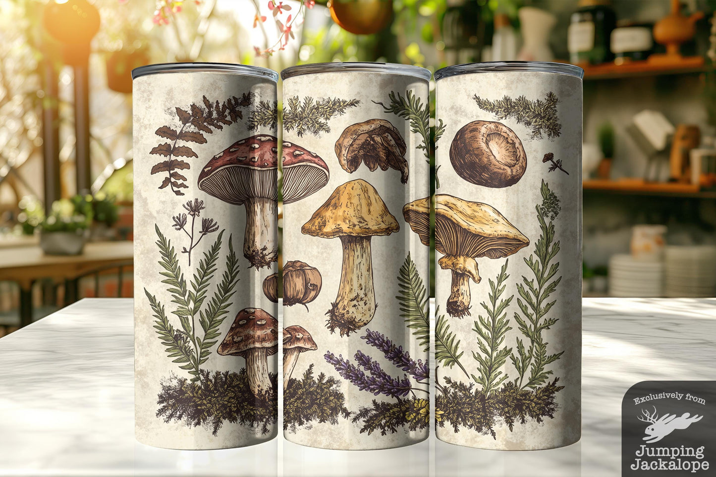 Autumn Toadstools & Herbs Tumbler – Forager’s Field Guide in Warm Neutrals
