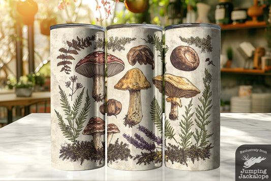 Autumn Toadstools & Herbs Tumbler – Forager’s Field Guide in Warm Neutrals