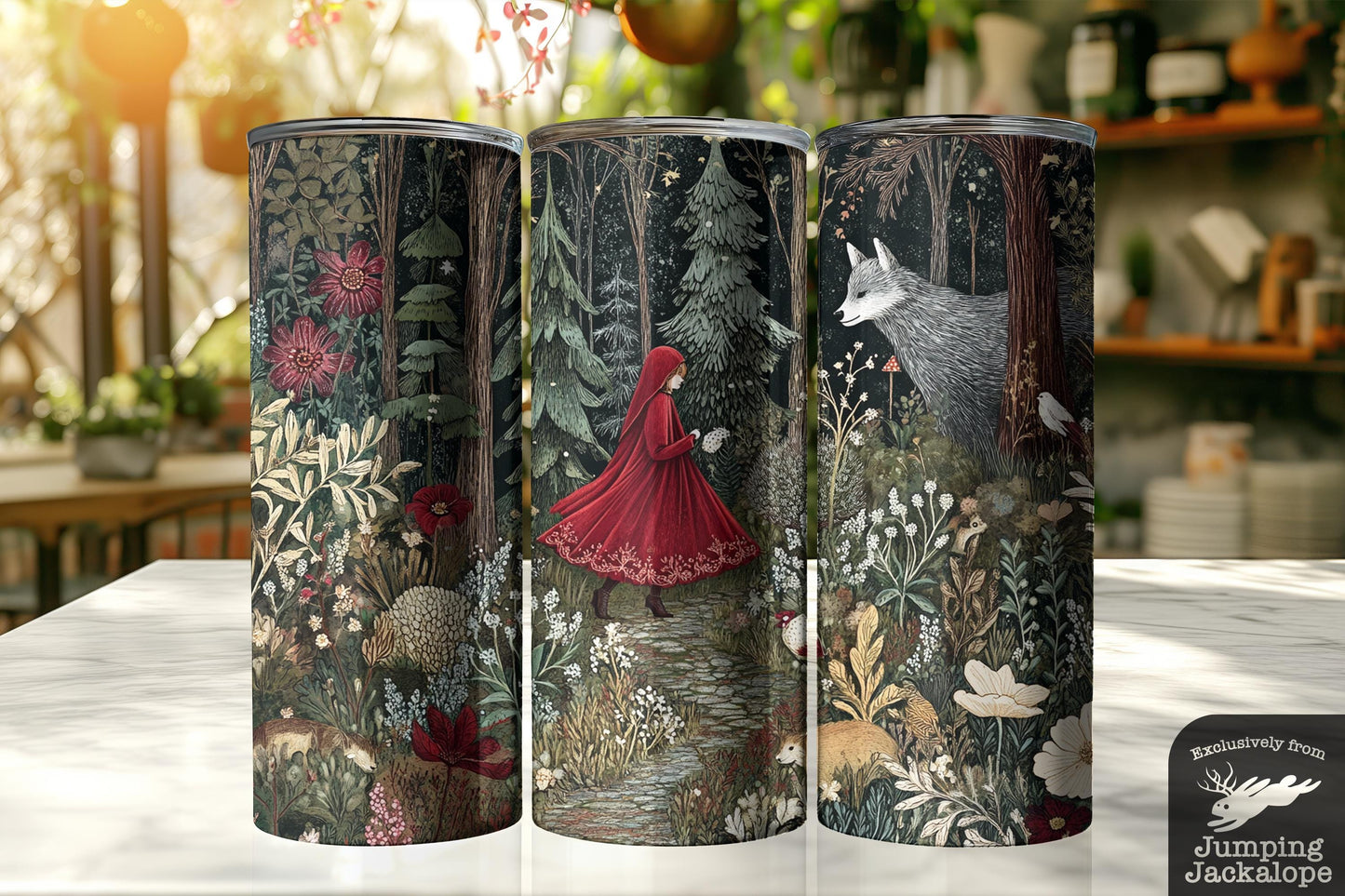 Silver-Eyed Wolf Tumbler – 20oz Red Riding Hood Woodland Scene | Celestial Fairytale Drinkware