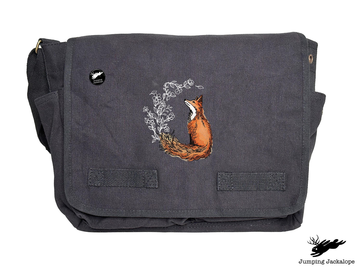 Flower Tailed Fox Design Embroidered Classic Canvas Messenger Bag