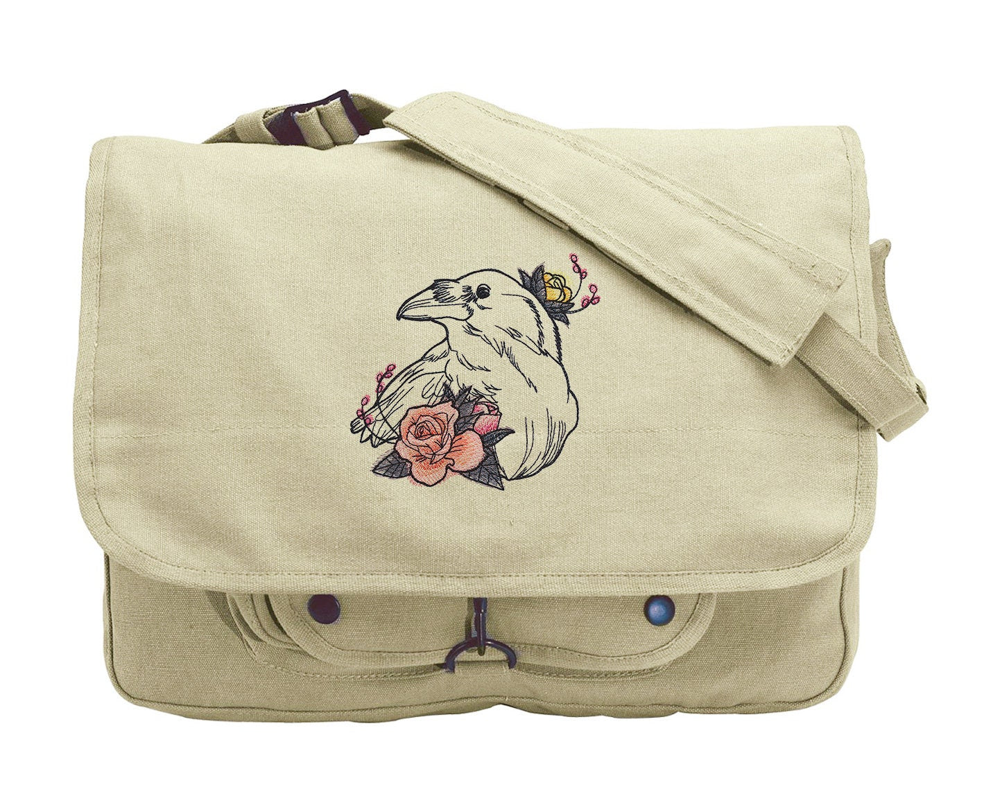 Dire Blooms - Raven Embroidered Canvas Messenger Bag