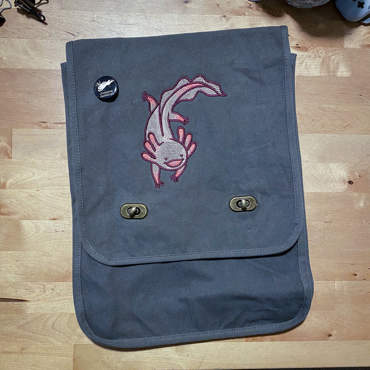 Adventurous Axolotl Embroidered Canvas Field Bag