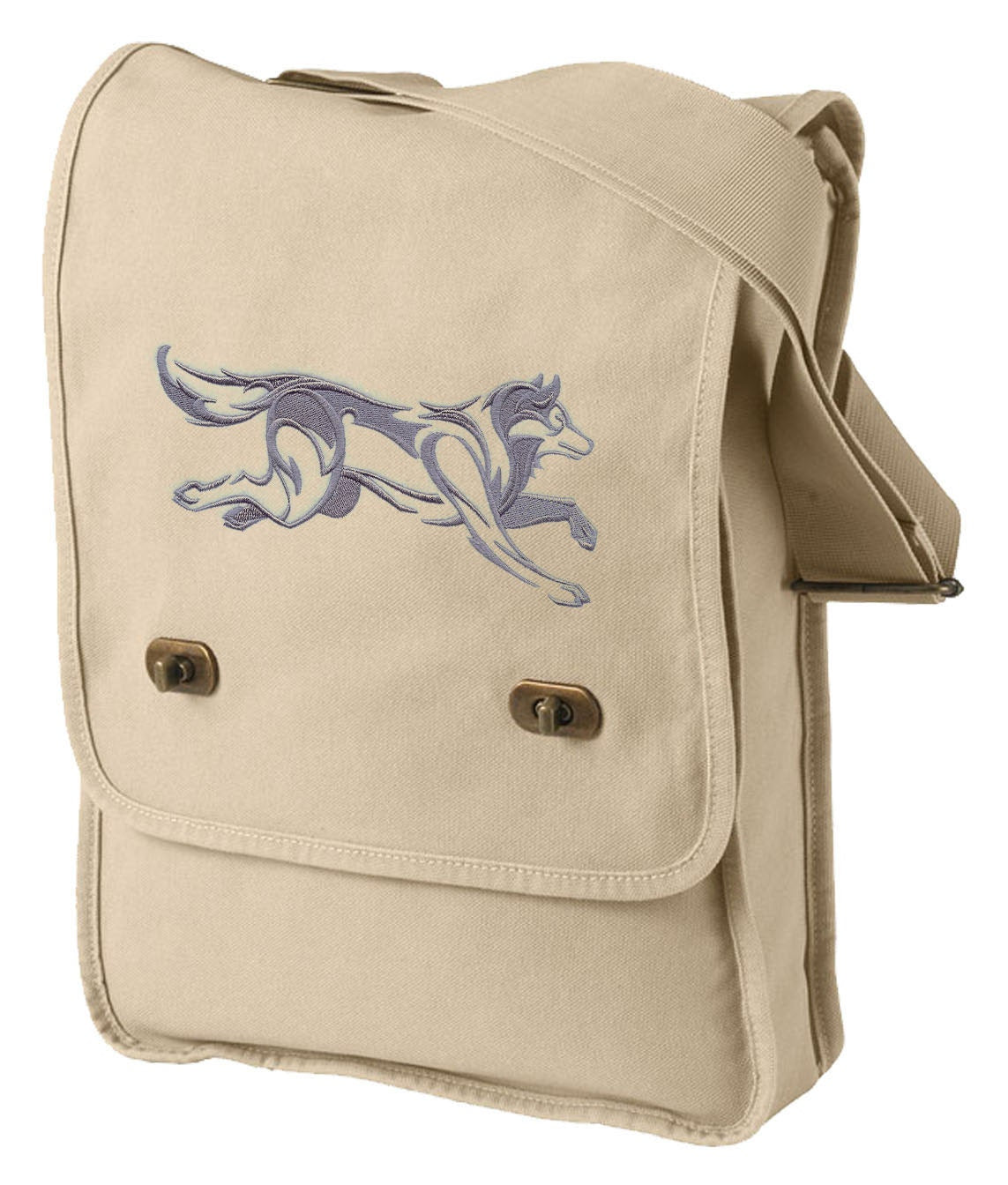 Northwoods Silhouette Full Wolf Embroidered Canvas Field Bag