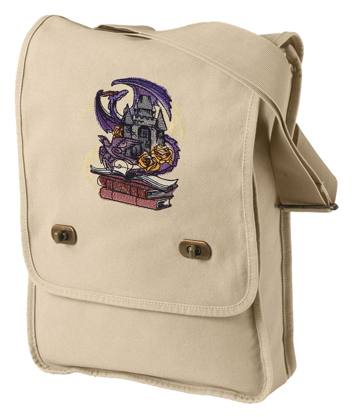 Dragon Bag, Book Bag, Fantasy Field Bag, Tomes of Imagination Embroidered Canvas Field Bag