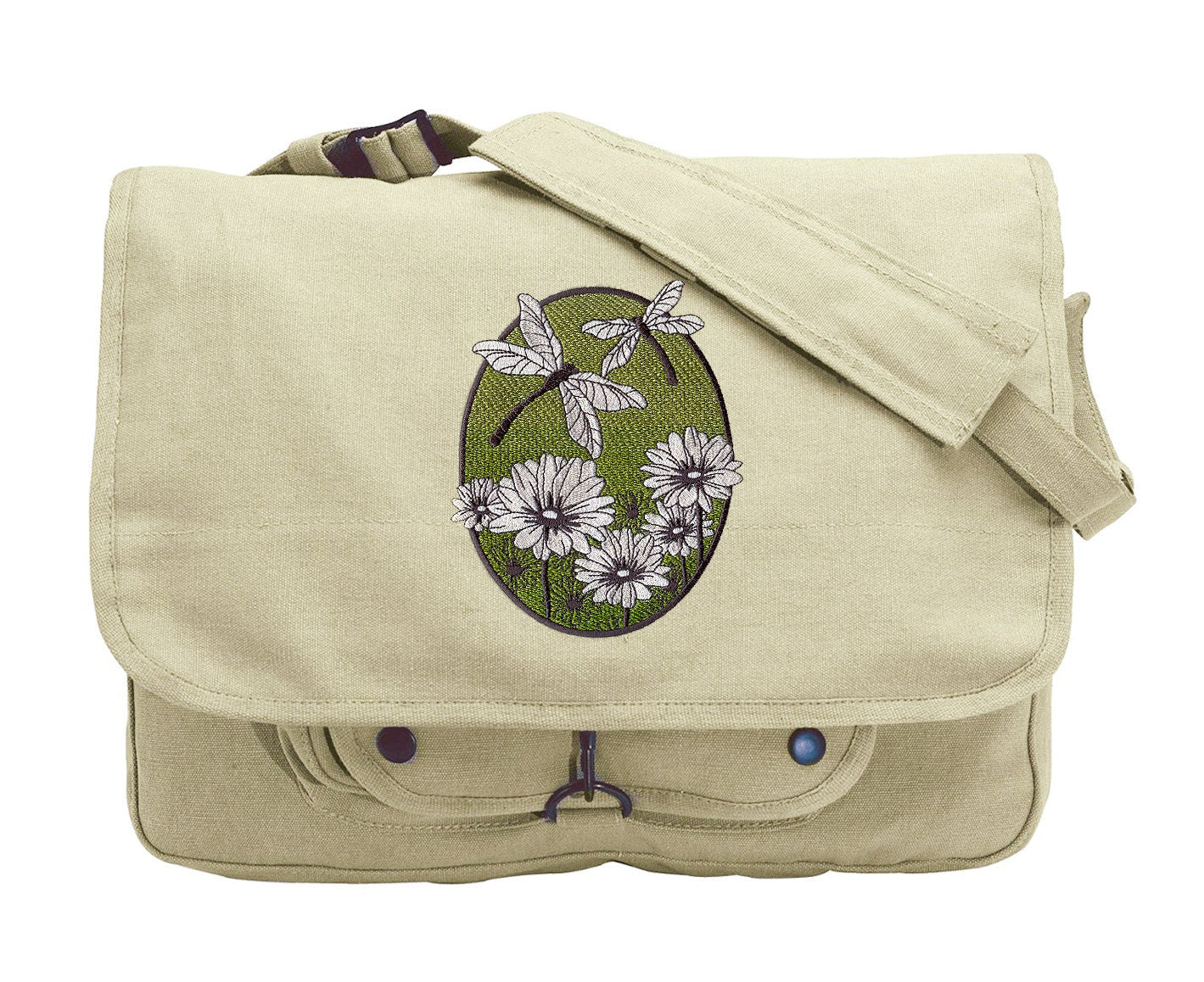 Spring Dragonfly Oval Embroidered Canvas Messenger Bag