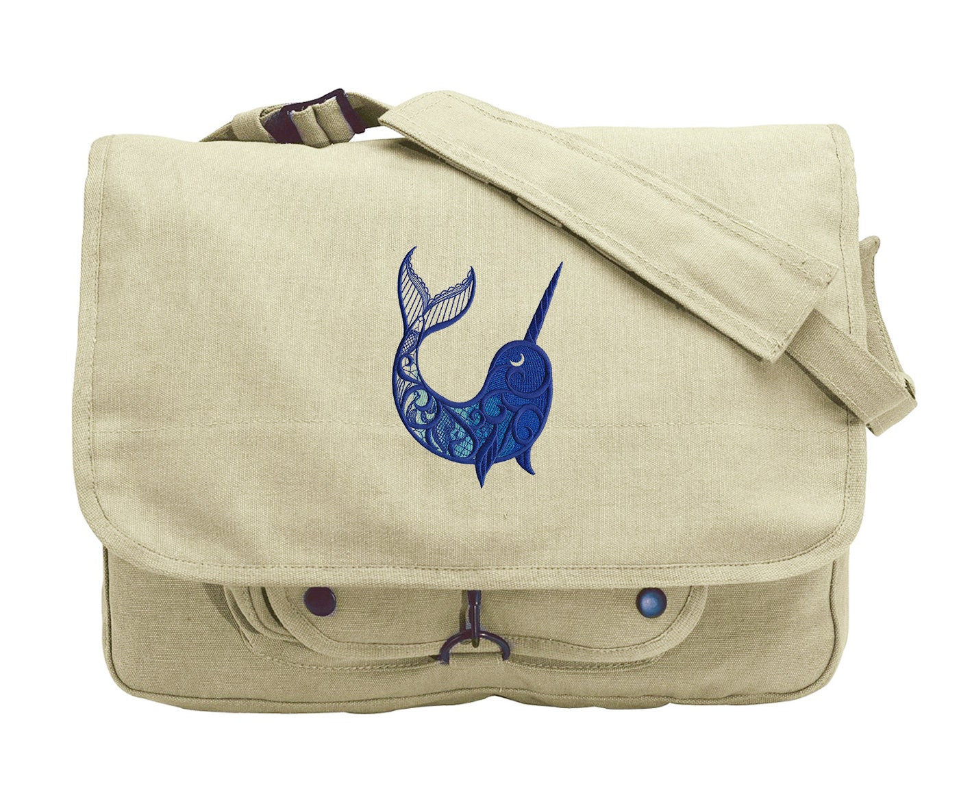 Dark Narwhal Embroidered Canvas Messenger Bag