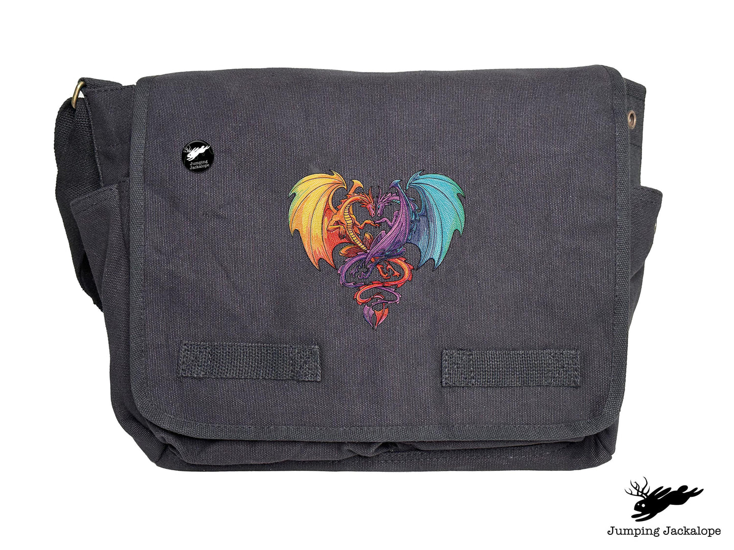 Intertwined Rainbow Heart Dragons Embroidered Classic Canvas Messenger Bag