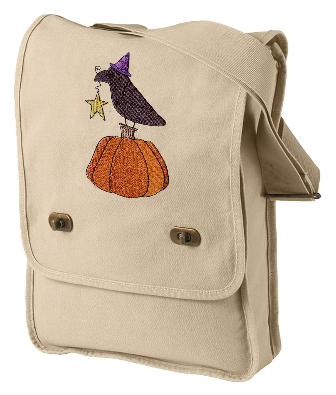 Raven and Pumpkin Embroidered Canvas Field Bag
