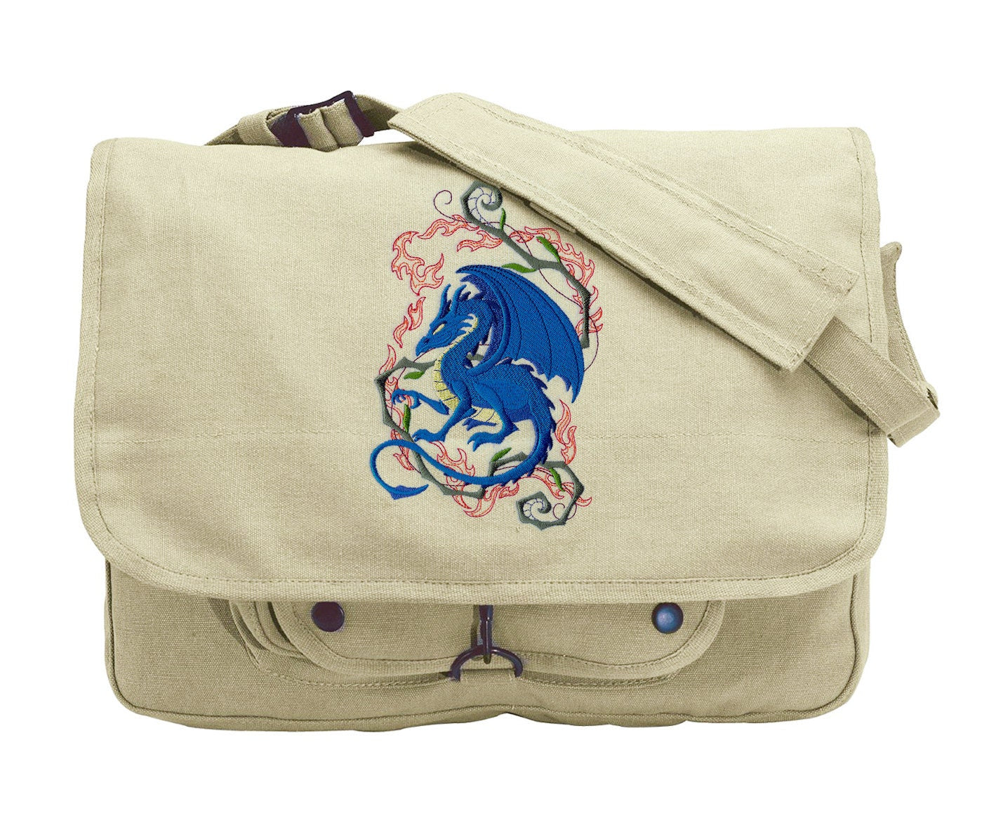 Dragon Crouching in Fantasy Flames Embroidered Canvas Messenger Bag