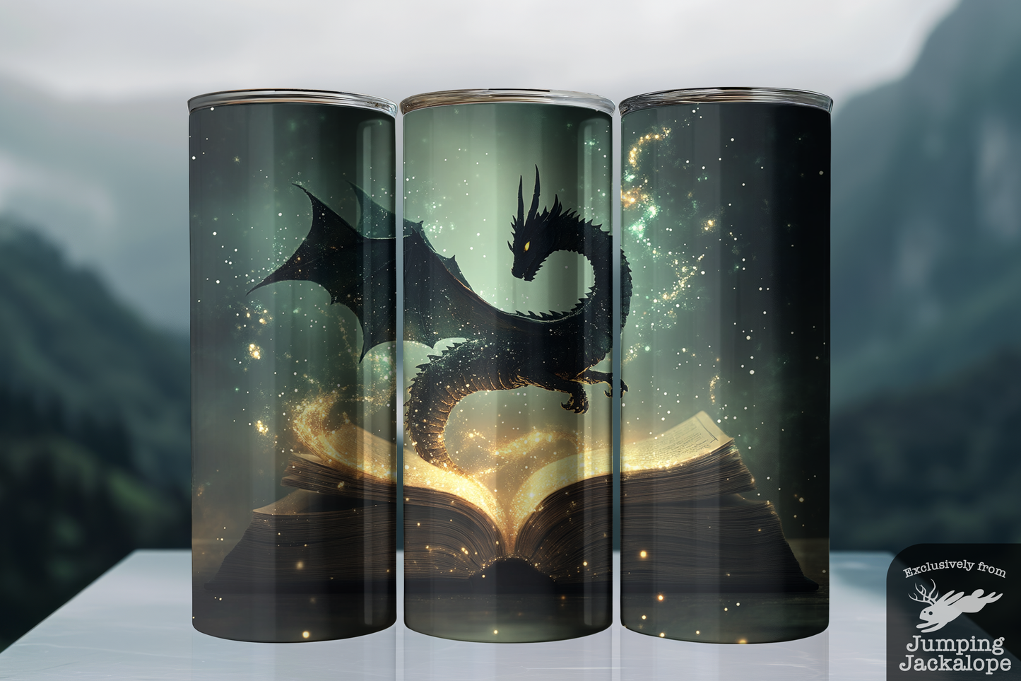 Spellbound Flame Tumbler – 20oz Enchanted Dragon Over Glowing Book | Dark Fantasy Magic Drinkware