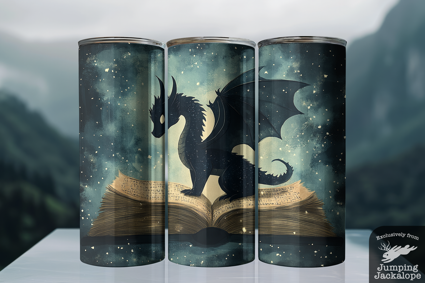 Shadow Wyrm Tumbler – 20oz Fantasy Dragon on Open Book | Dark Fairytale Magic Cup