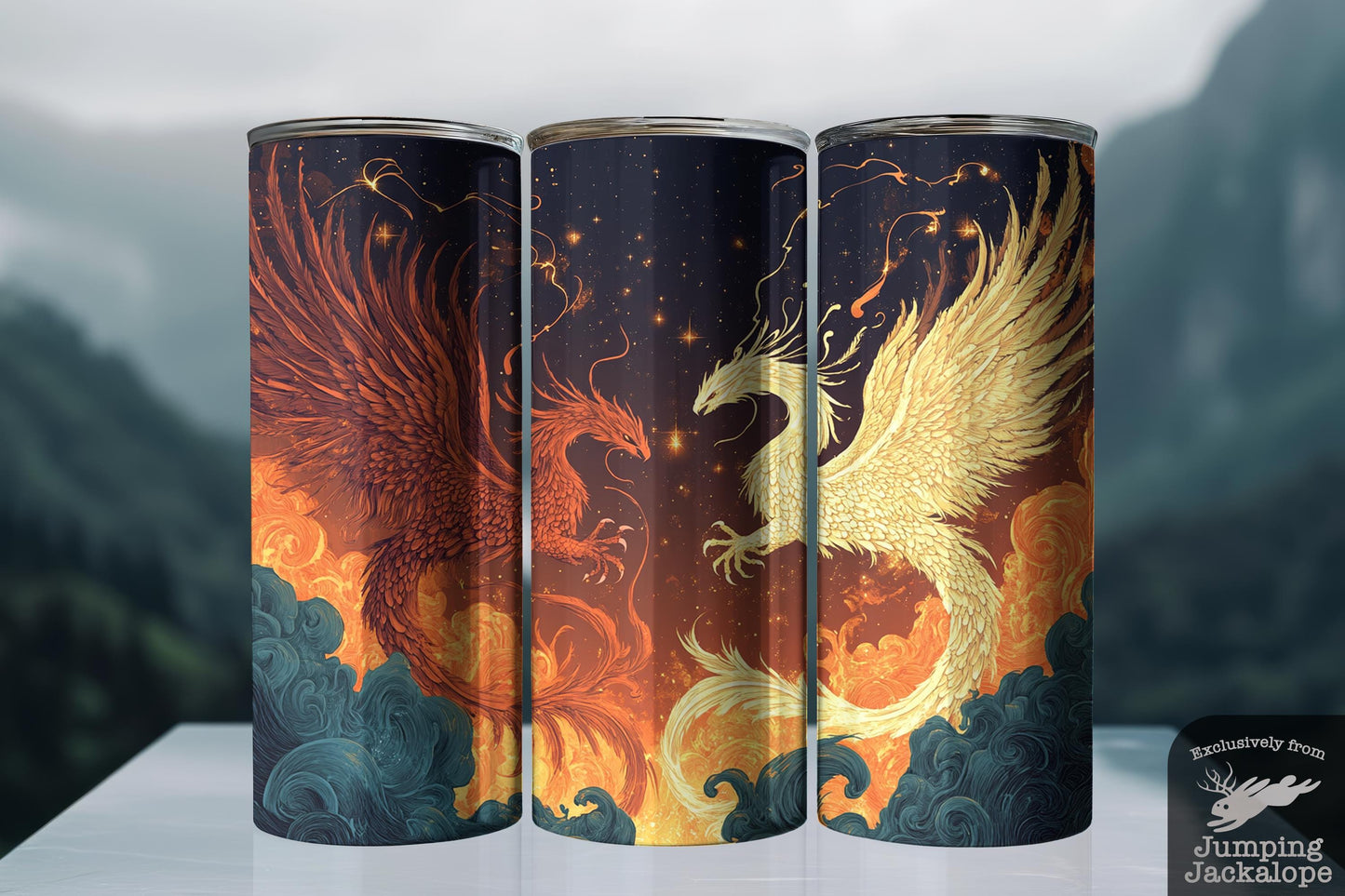 Epic Phoenix and Dragon Tumbler – 20oz Fire & Sky Illustration | Fantasy Myth Gift Cup