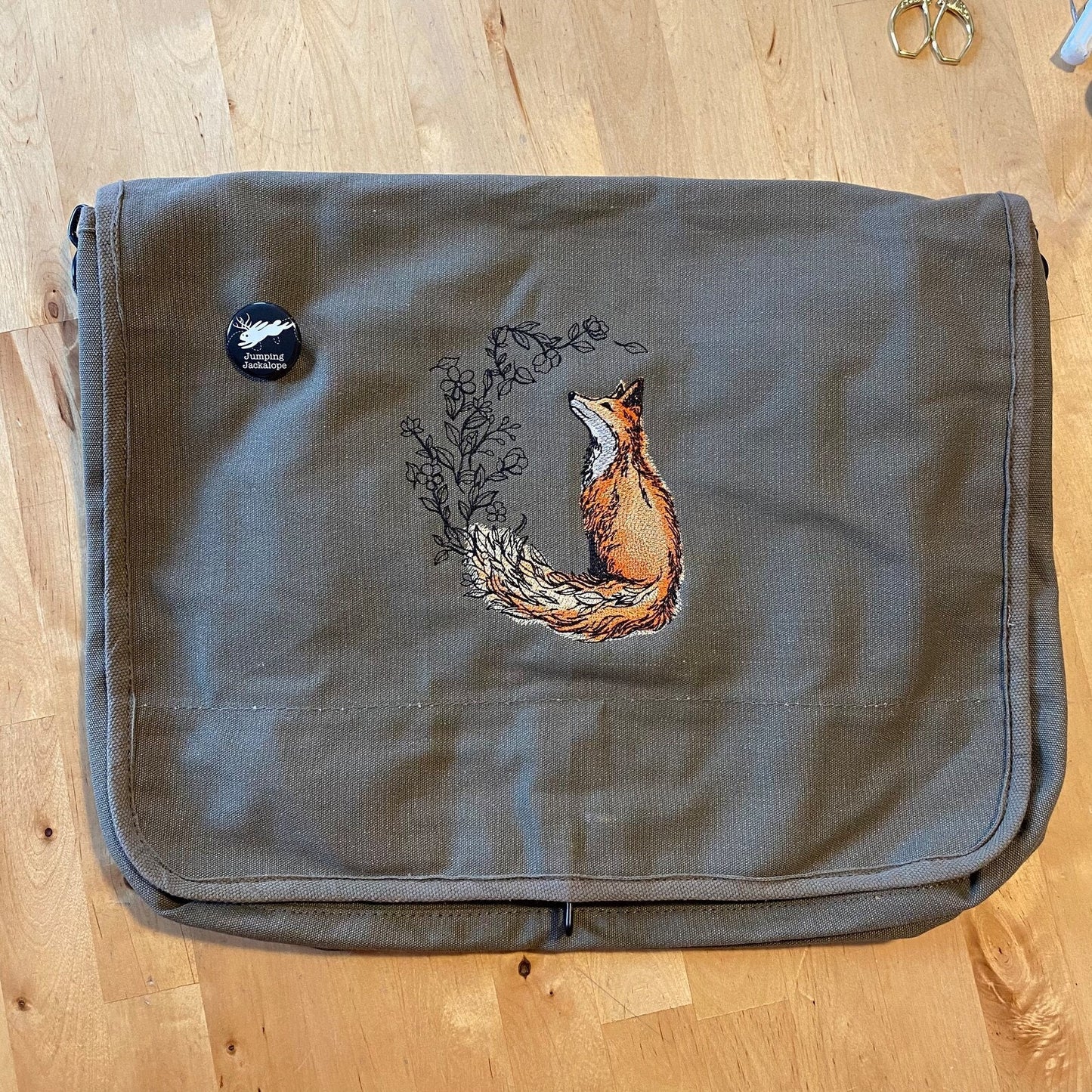 Flower Tailed Fox Embroidered Canvas Messenger Bag