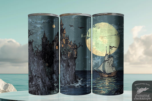 Gothic Castle by the Sea Tumbler – Moonlit Ship & Haunted Cliff Design
