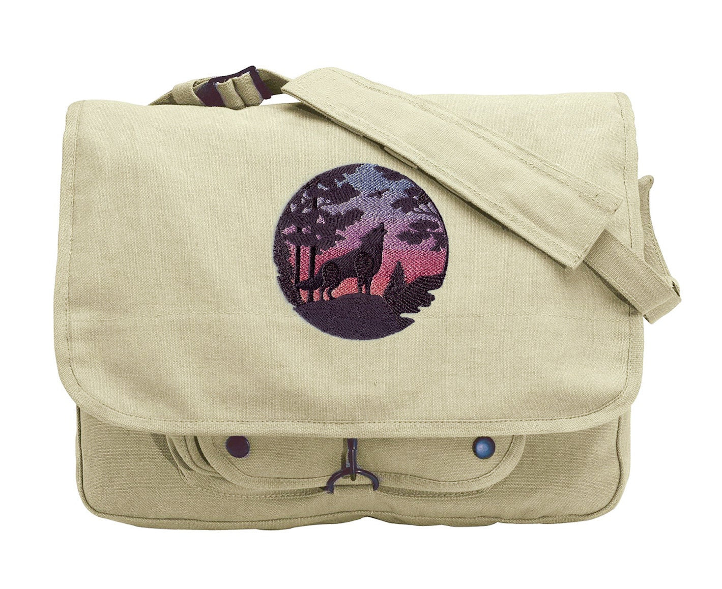 Wolf Bag, Wolf Messenger Bag, Wolf Silhouette at Sunset Embroidered Canvas Messenger Bag