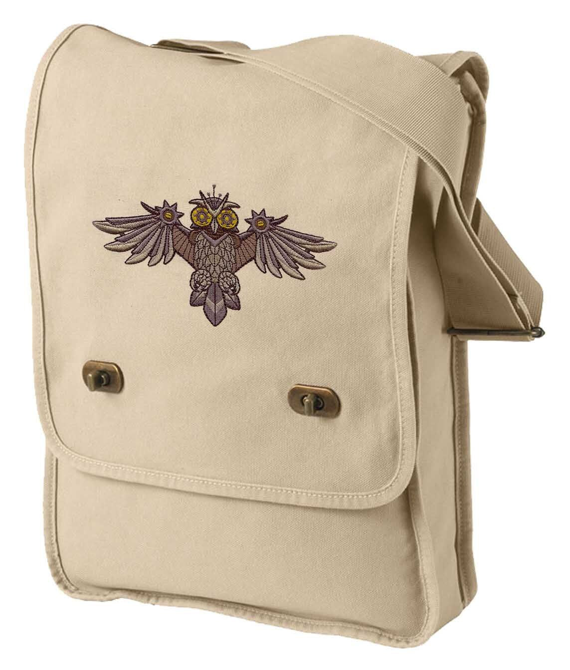 Steampunk Clock Owl with Gears Embroidered Canvas Field Bag