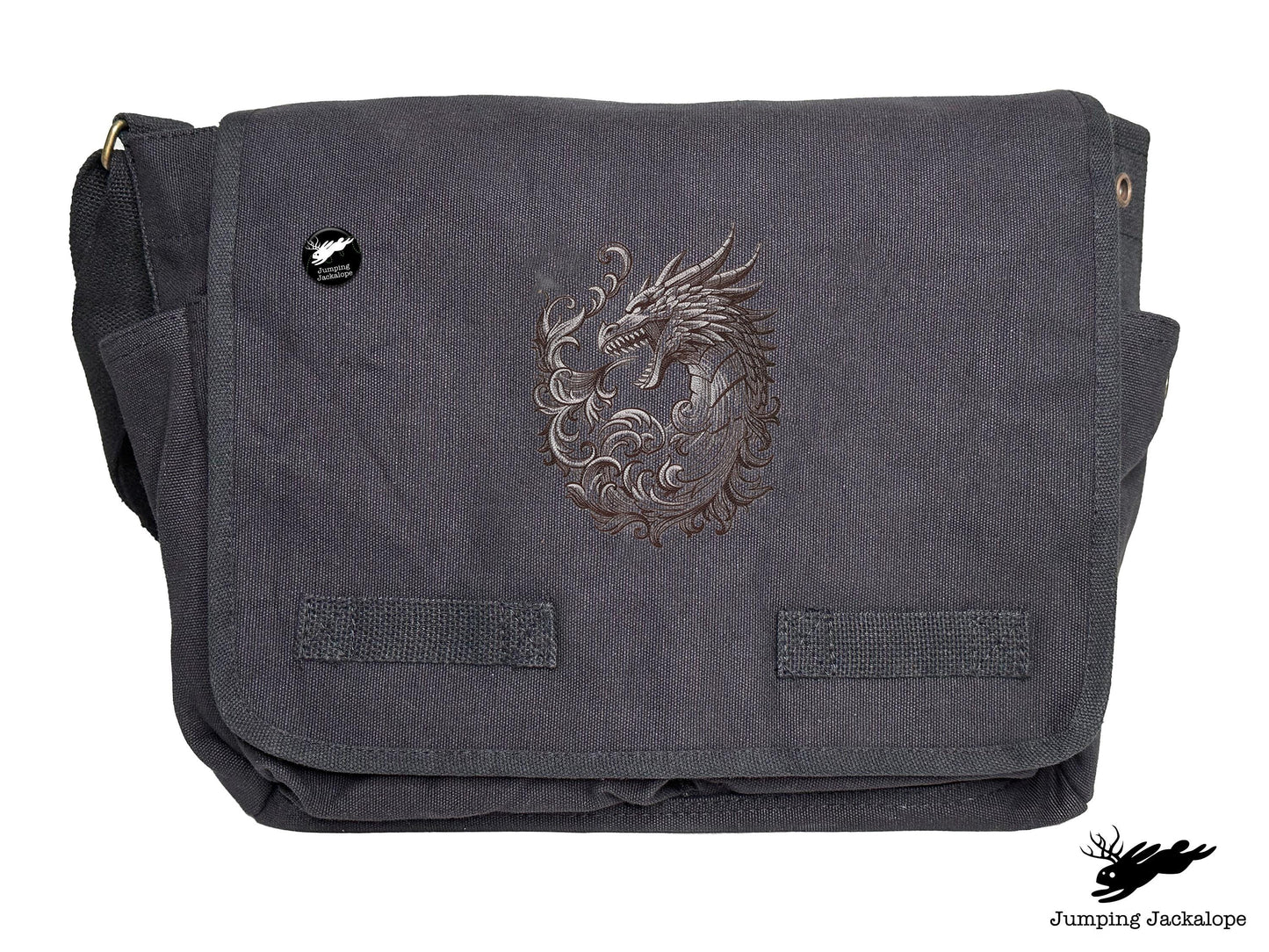 Baroque Scrollwork Dragon Embroidered Classic Canvas Messenger Bag