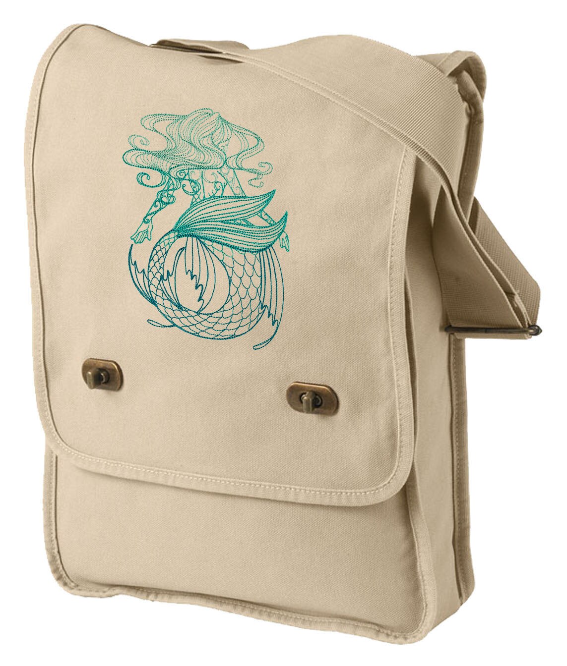 Mermaid Bag, Mermaid Messenger Bag, Mermaid Field Bagm Maiden of the Ocean Embroidered Canvas Field Bag