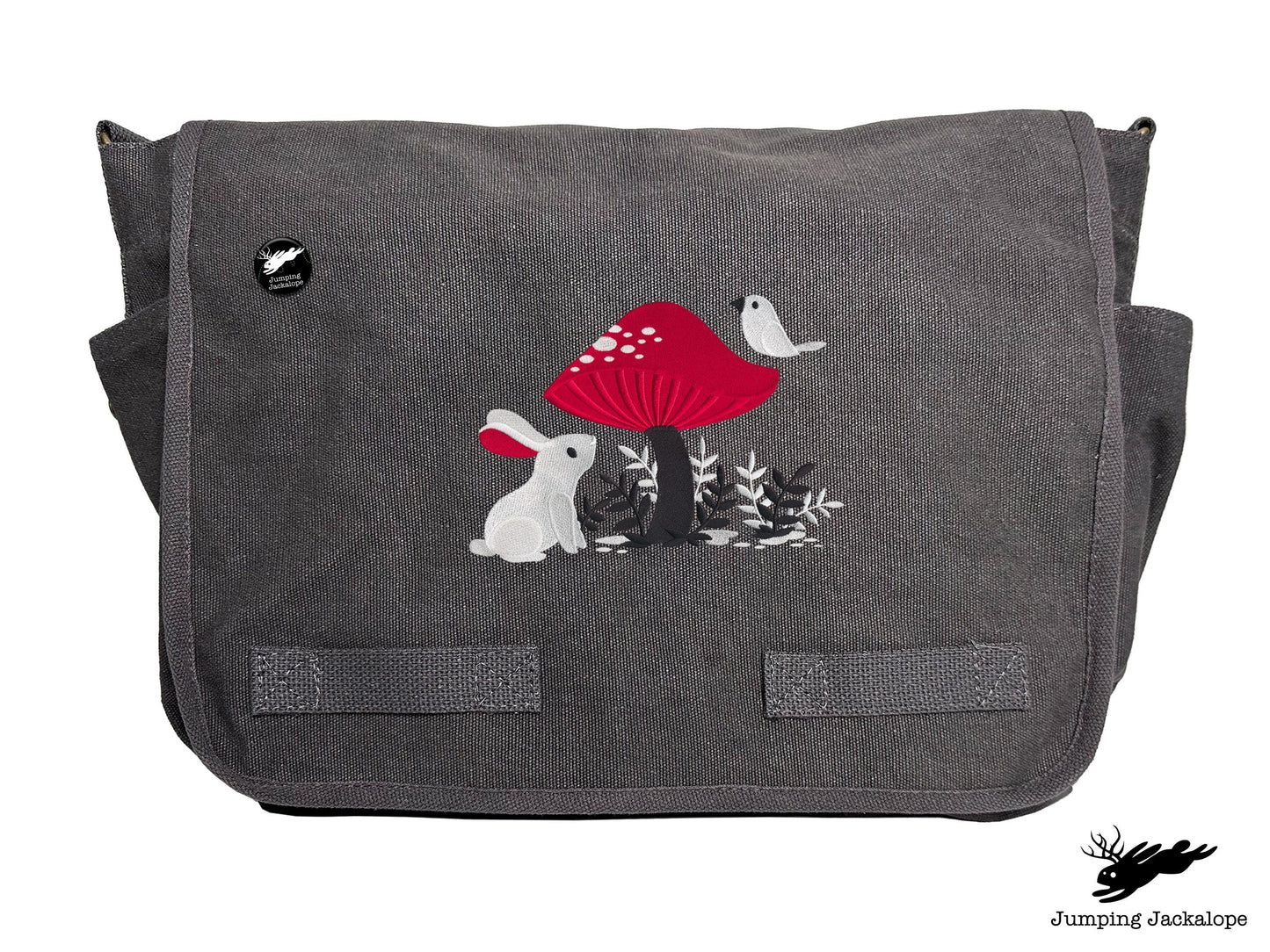A Curious Find Bunny and Mushroom Design Embroidered Classic Canvas Messenger Bag
