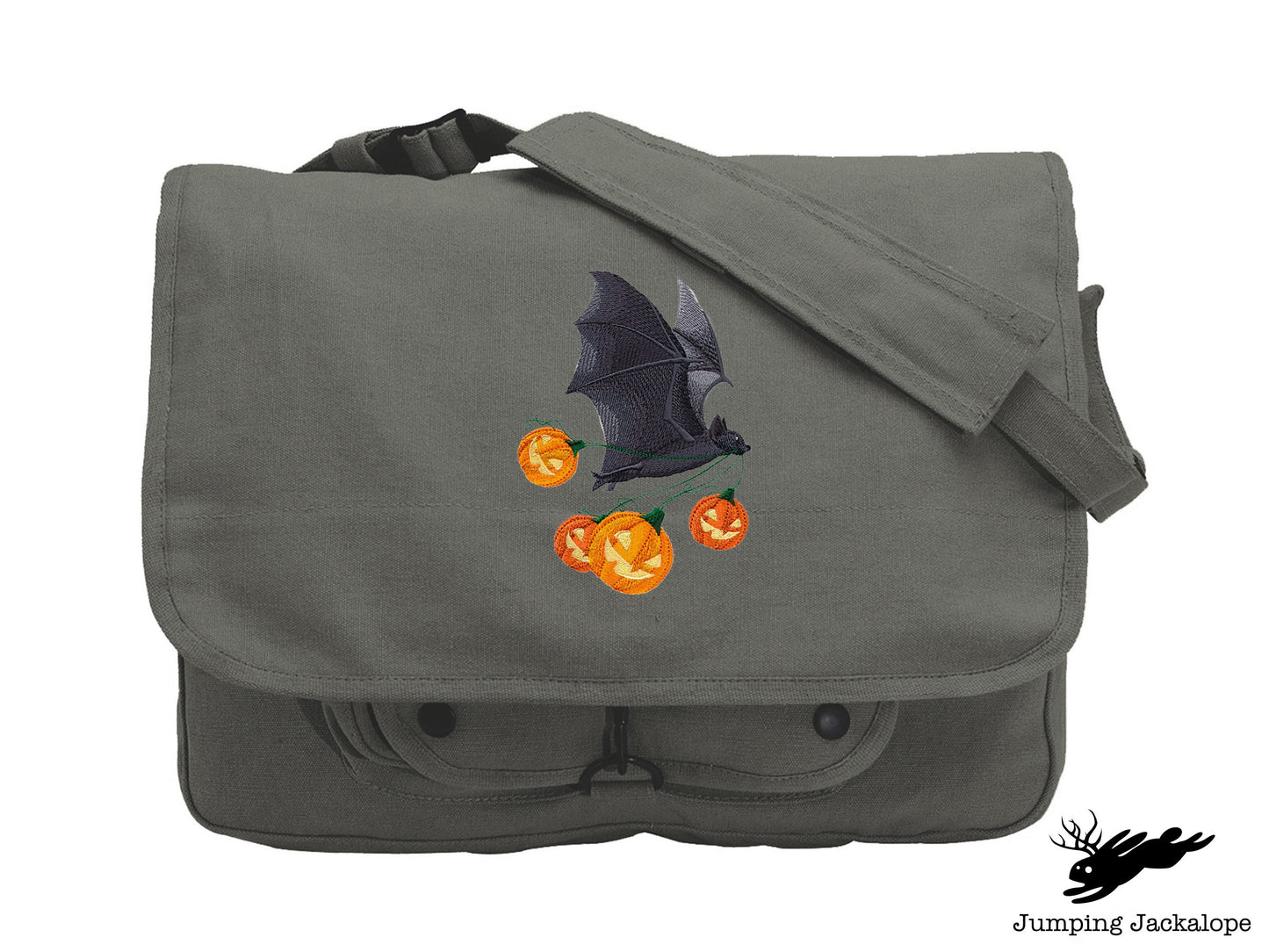 Flying Bat with Jack-o-Lanterns Embroidered Canvas Messenger Bag