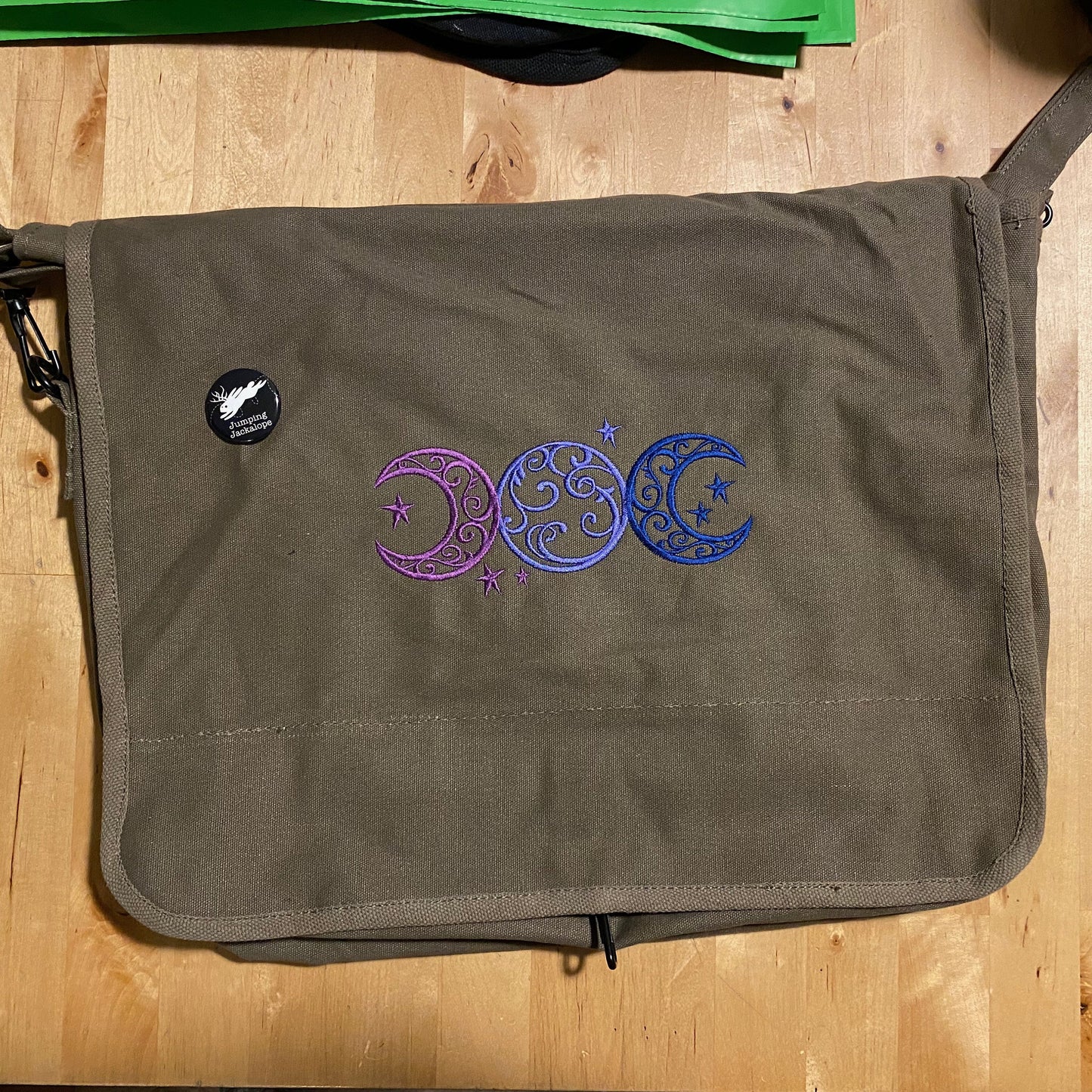Triple Moon Embroidered Canvas Messenger Bag