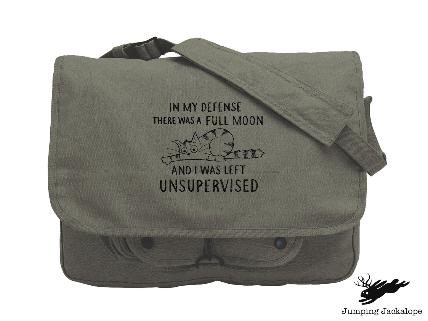 Unsupervised Cat Embroidered Canvas Messenger Bag, Cat Bag, Funny Cat Bag