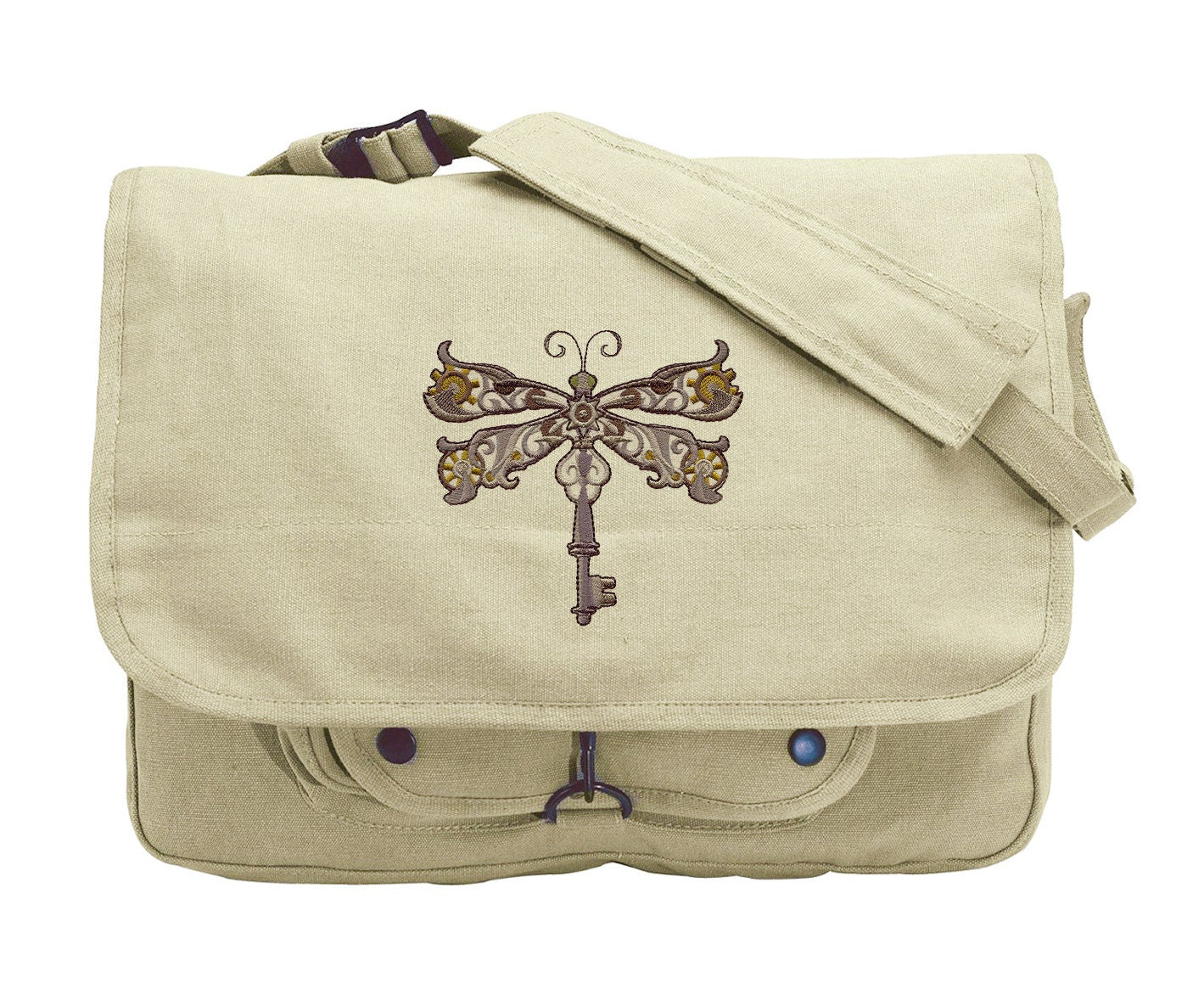 Steampunk Dragonfly Embroidered Canvas Messenger Bag