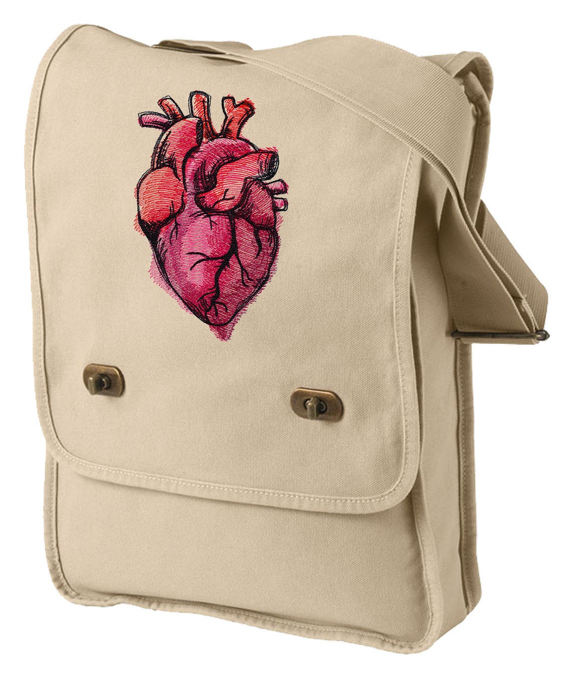 Painted Anatomical Heart Embroidered Canvas Field Bag