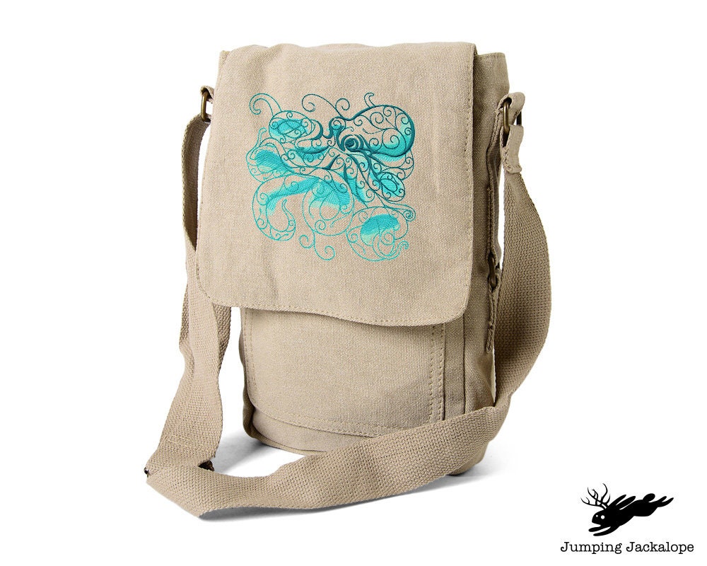 Aqua Marine - Octopus, Octopus Bag, Octopus Embroidered Canvas Tech, Tablet, iPad, Kindle, Fire, Camera Bag