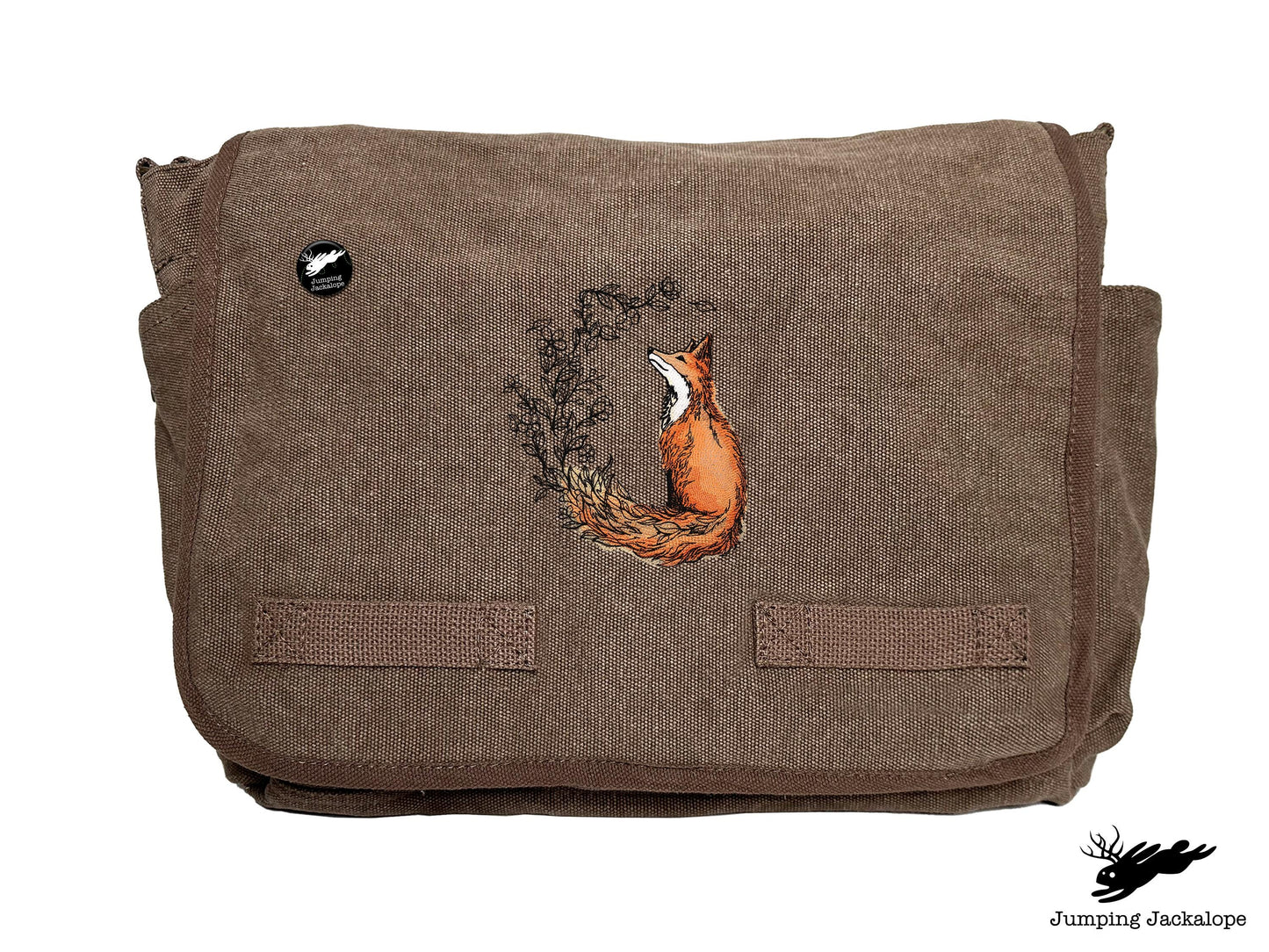 Flower Tailed Fox Design Embroidered Classic Canvas Messenger Bag