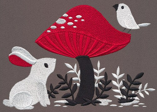 A Curious Find - Rabbit Bird Mushroom Embroidered Canvas Field Bag