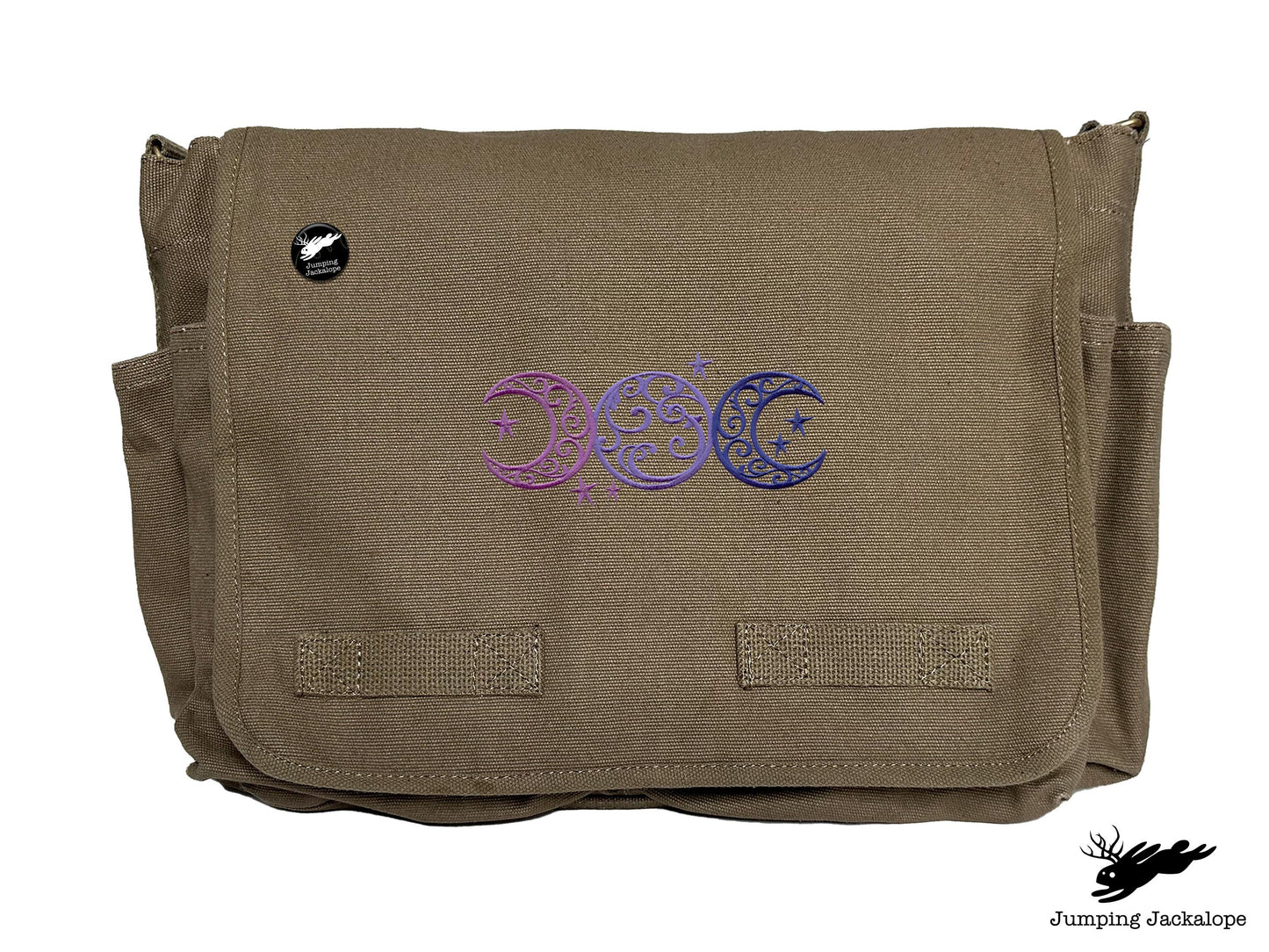 Triple Moon Design Embroidered Classic Canvas Messenger Bag,
