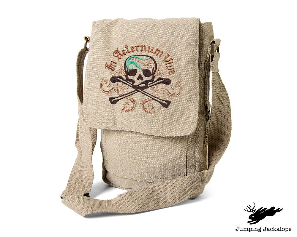 Sea Treasure - In Aeternum Vive, Skull Bag, Skull Crossbones Bag, Skull Bag Embroidered Canvas Tech, Tablet, iPad, Kindle, Fire, Camera Bag