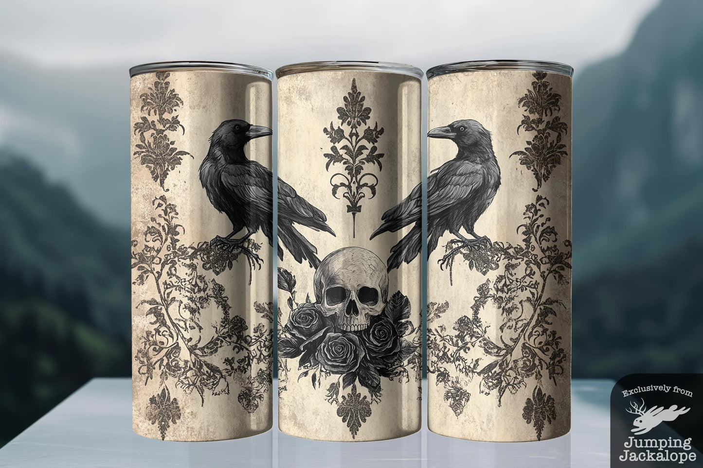 Crossed Shadows Raven Tumbler – 20oz Gothic Skull & Cross Drinkware | Elegant Macabre Aesthetic