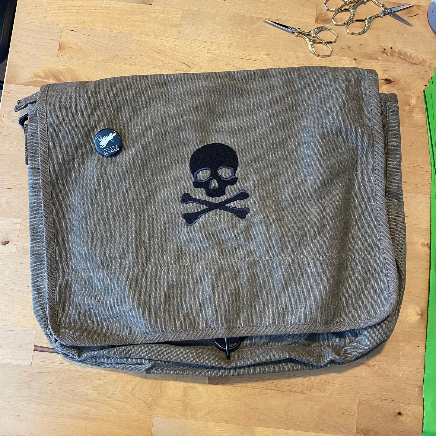 Skull and Crossbones Embroidered Canvas Messenger Bag