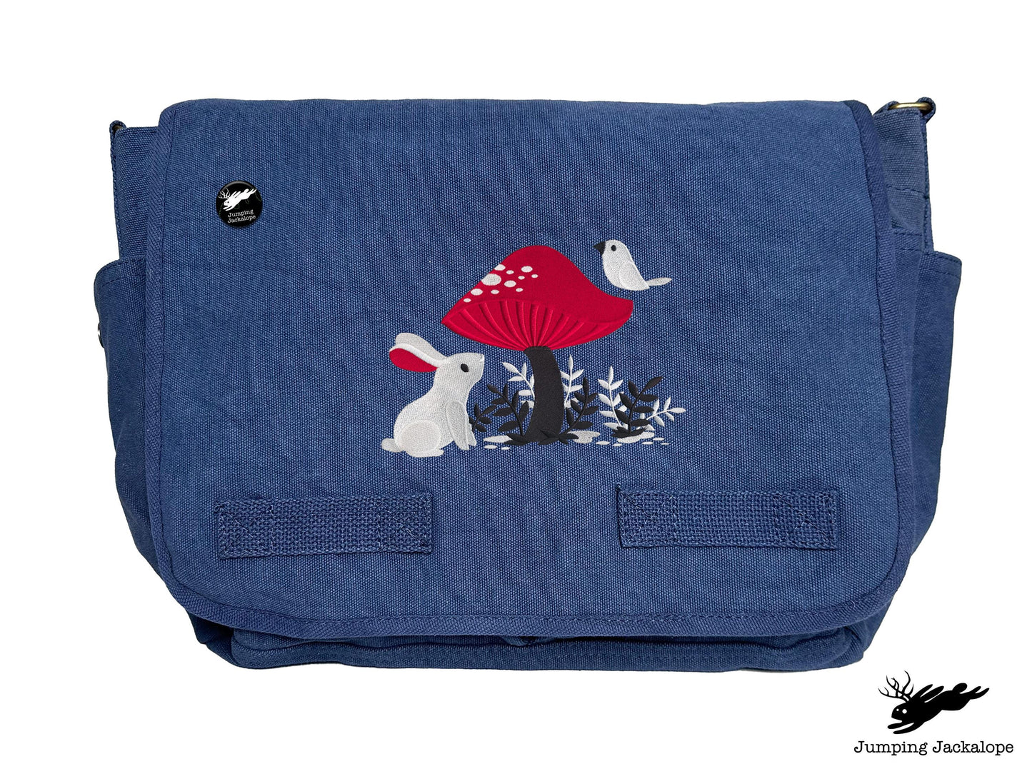 A Curious Find Bunny and Mushroom Design Embroidered Classic Canvas Messenger Bag