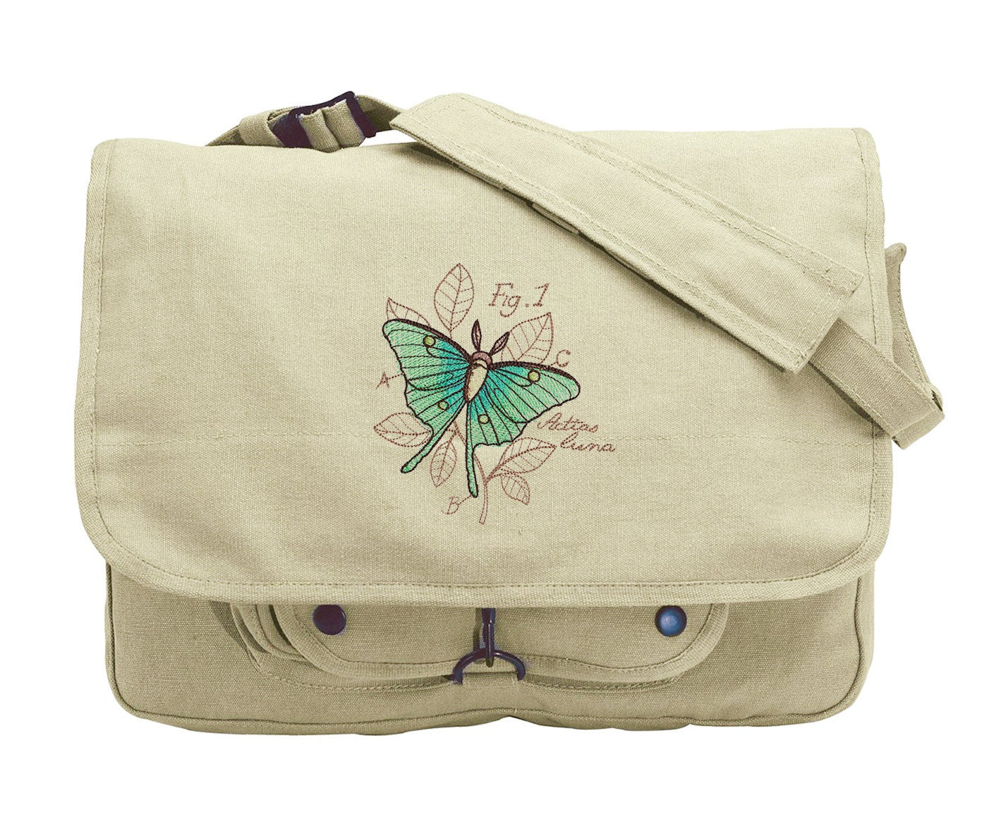 Miniature Menagerie Luna Moth Diagram Embroidered Canvas Messenger Bag