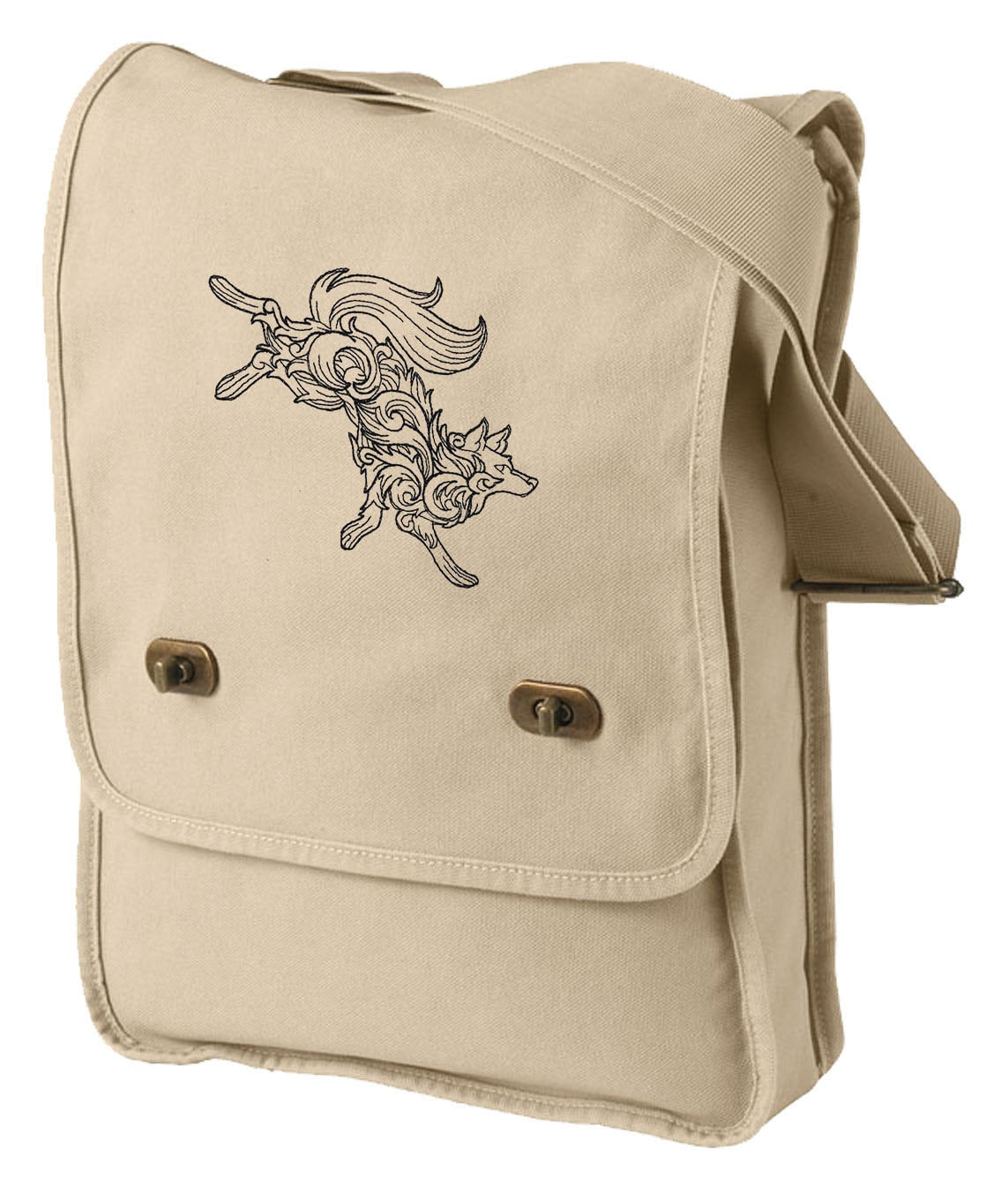 Wolf Field Bag, Baroque Wolf Embroidered Canvas Field Bag