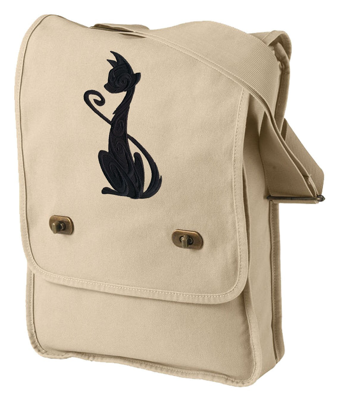 Sassy Cat Silhouette Embroidered Canvas Field Bag