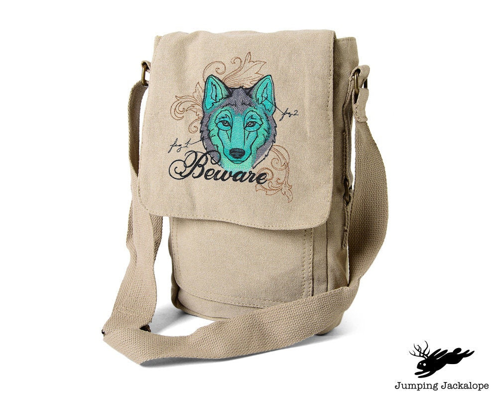The Laboratory - Wolf Embroidered Canvas Tech, Tablet, iPad, Kindle, Fire, Camera Bag