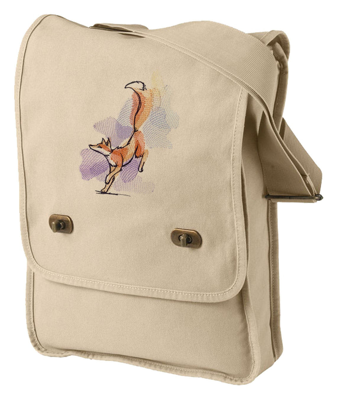 Fox Field Bag, Painted Fox Embroidered Canvas Field Bag