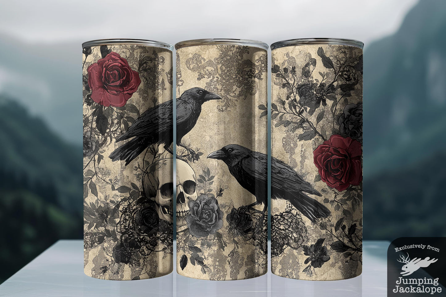 Raven Skull Rose Tumbler – 20oz Gothic Floral Drinkware | Dark Academia Red & Black Crow Cup