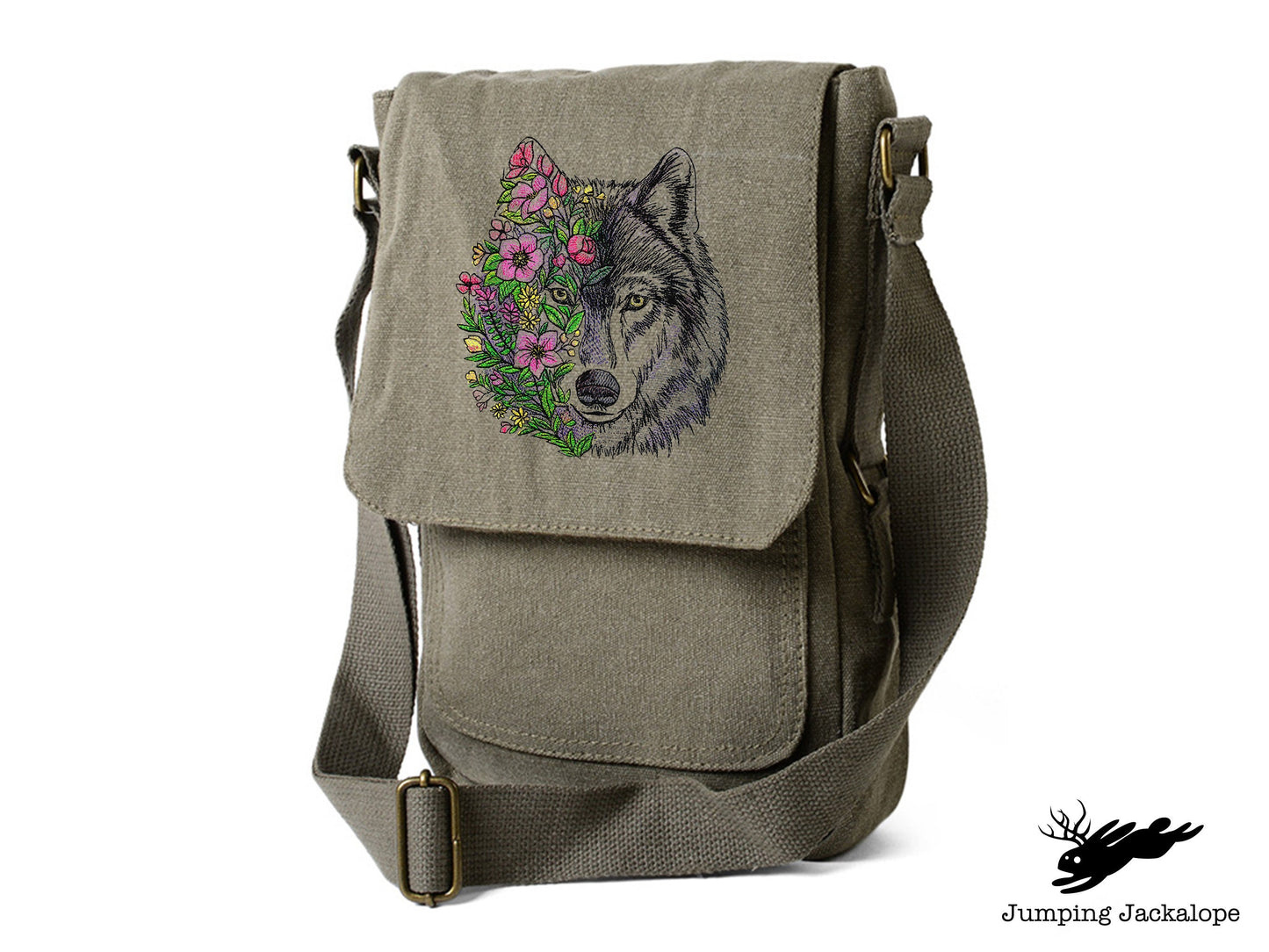 Wolf in Flowers Embroidered Canvas Tech, Tablet, iPad, Kindle, Fire, Camera Bag