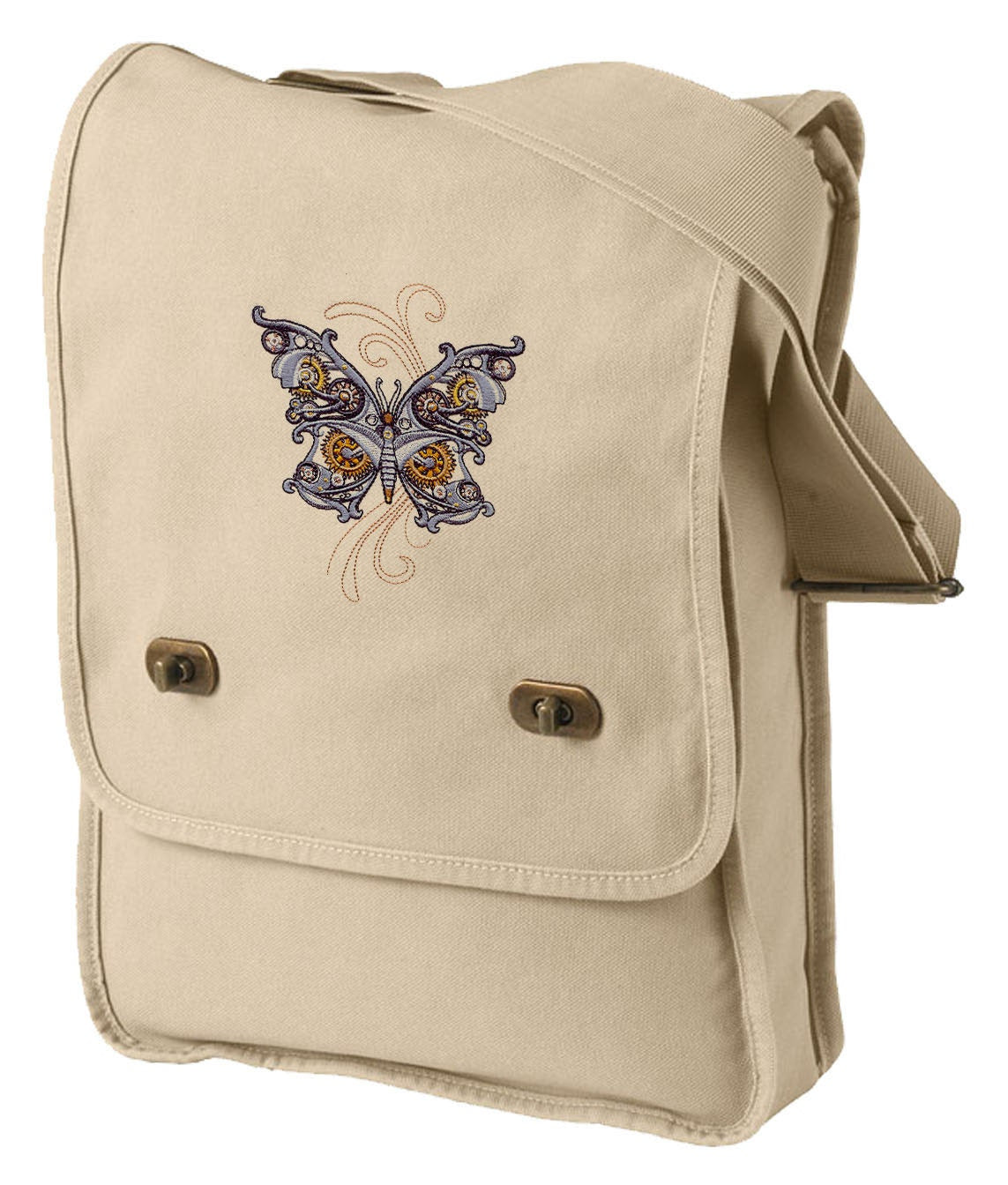 Steampunk Butterfly Embroidered Canvas Field Bag