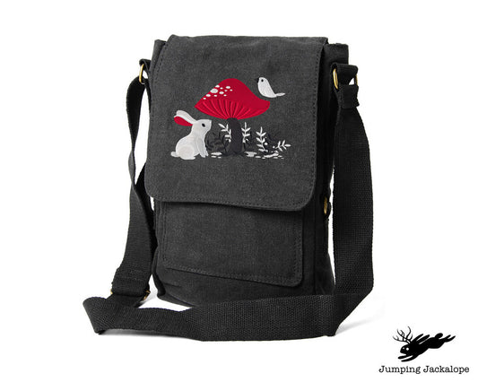 A Curious Find - Bunny Mushroom Embroidered Canvas Padded Tech Bag