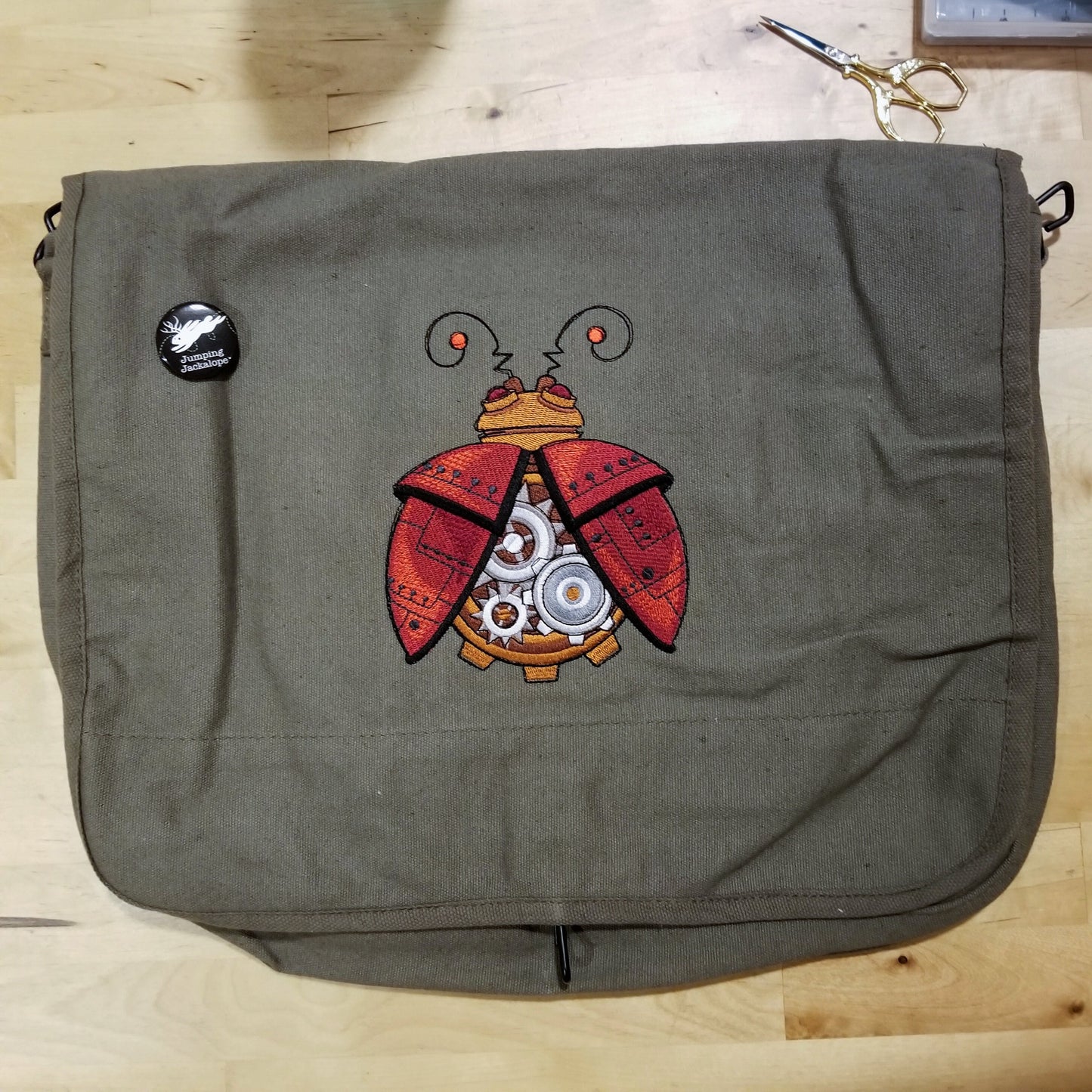 Steampunk Ladybug Embroidered Canvas Messenger Bag