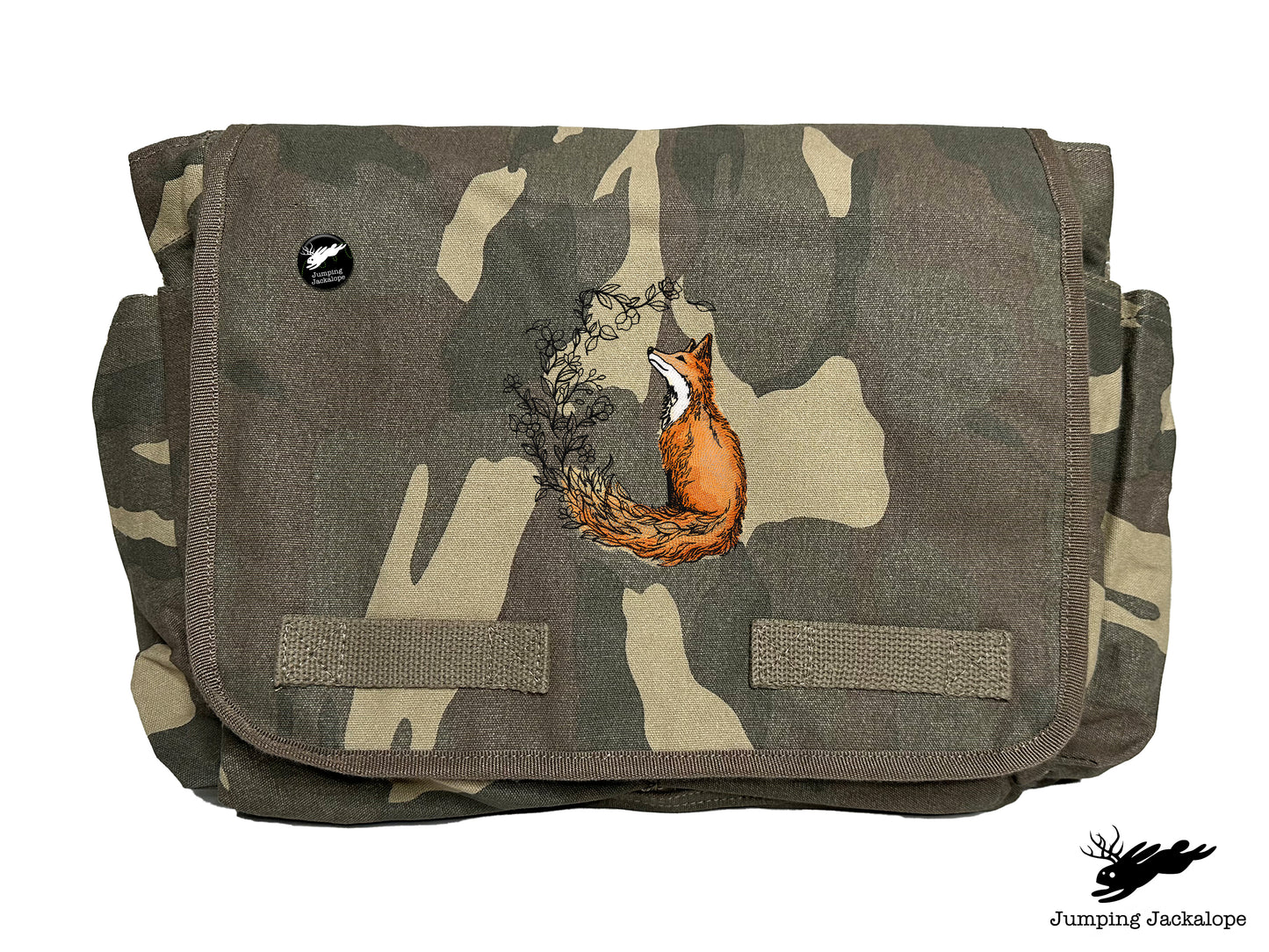 Flower Tailed Fox Design Embroidered Classic Canvas Messenger Bag