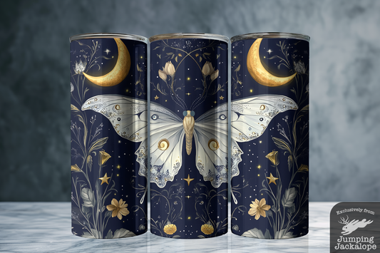 Moonlit Lace Moth Tumbler – Whimsical Floral Night Sky Travel Cup