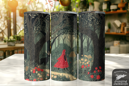 Dark Forest Red Riding Hood Tumbler – 20oz Storybook Illustration | Cottagecore Fantasy Drinkware